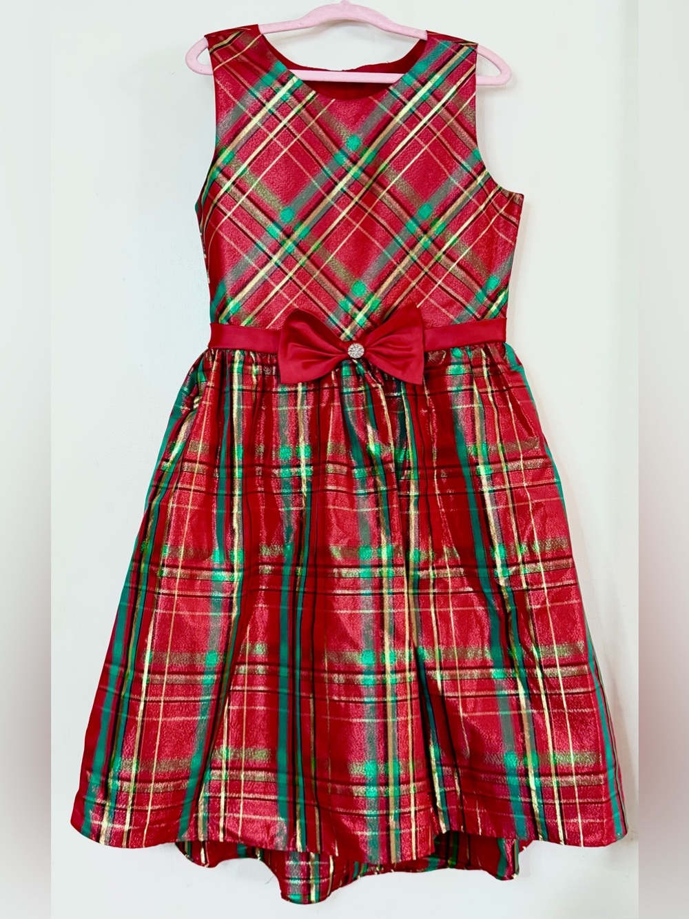 RARE TOO Girls Red Green Gold Plaid Bow-Accent Formal Dress Size 12